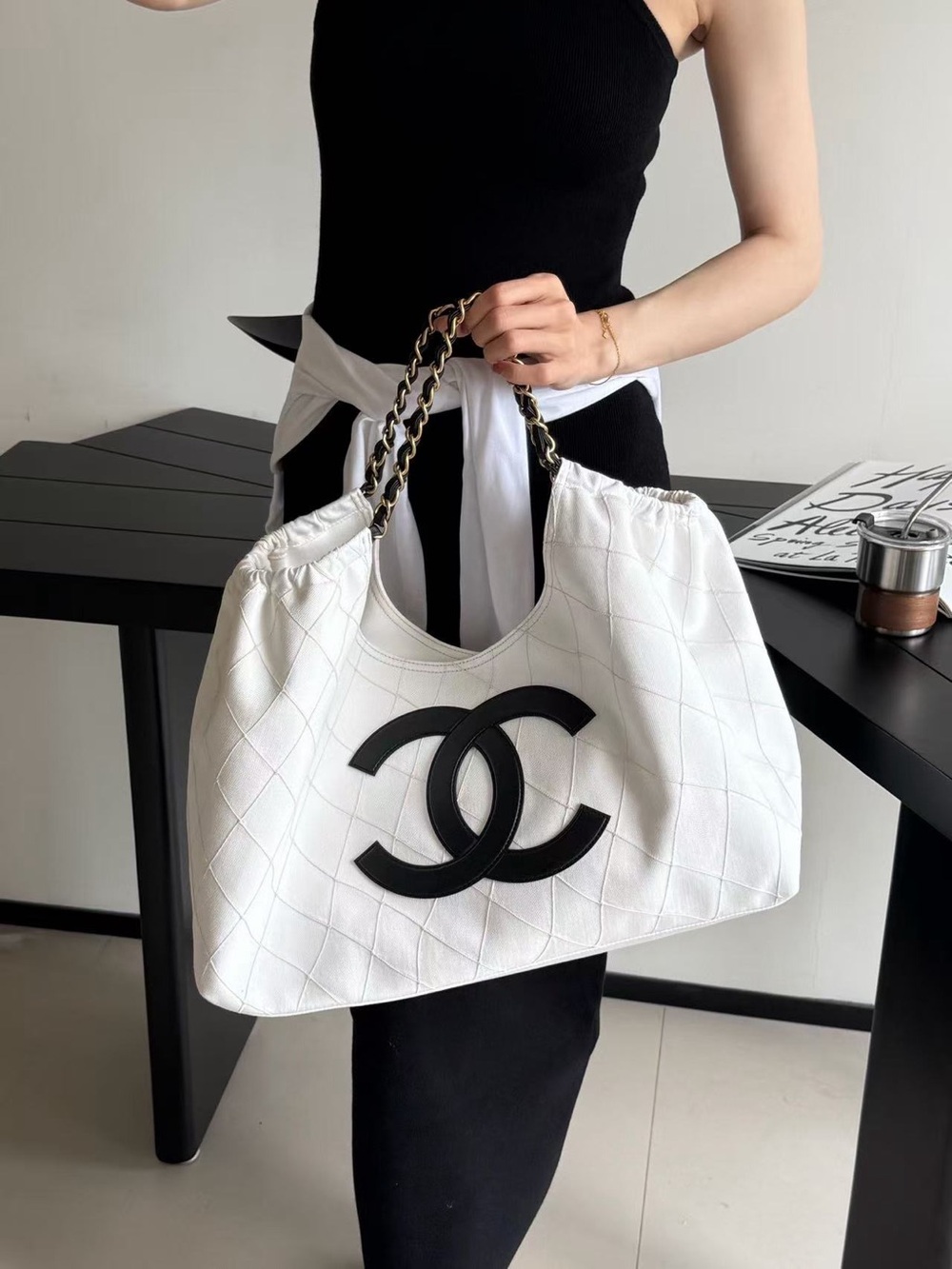 White Quilted Tote Bag with Black Logo Accent